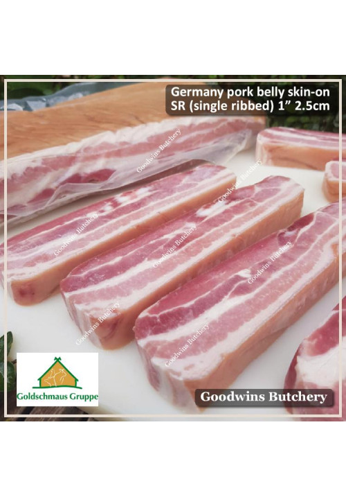 Pork BELLY SKIN ON samcan frozen Germany GOLDSCHMAUS steak cuts 2.5cm 1" (price/pack 600g 2pcs)